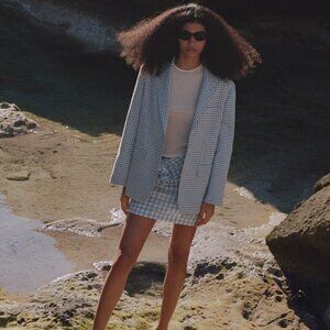 MANGO Blue & White Gingham Oversized Blazer Preppy Business Chic Size Medium